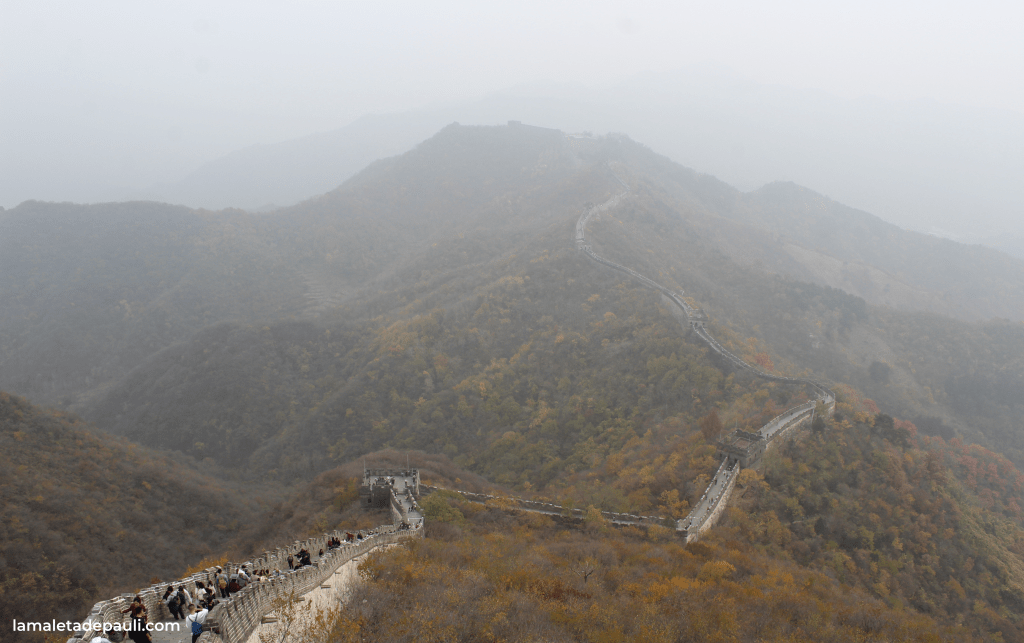 Vista panorámica de la Gran Muralla China atravesando montañas con neblina y árboles de otoño.