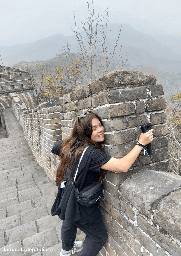 Una persona abrazando una pared de ladrillo en la Gran Muralla China, con un paisaje montañoso borroso de fondo.